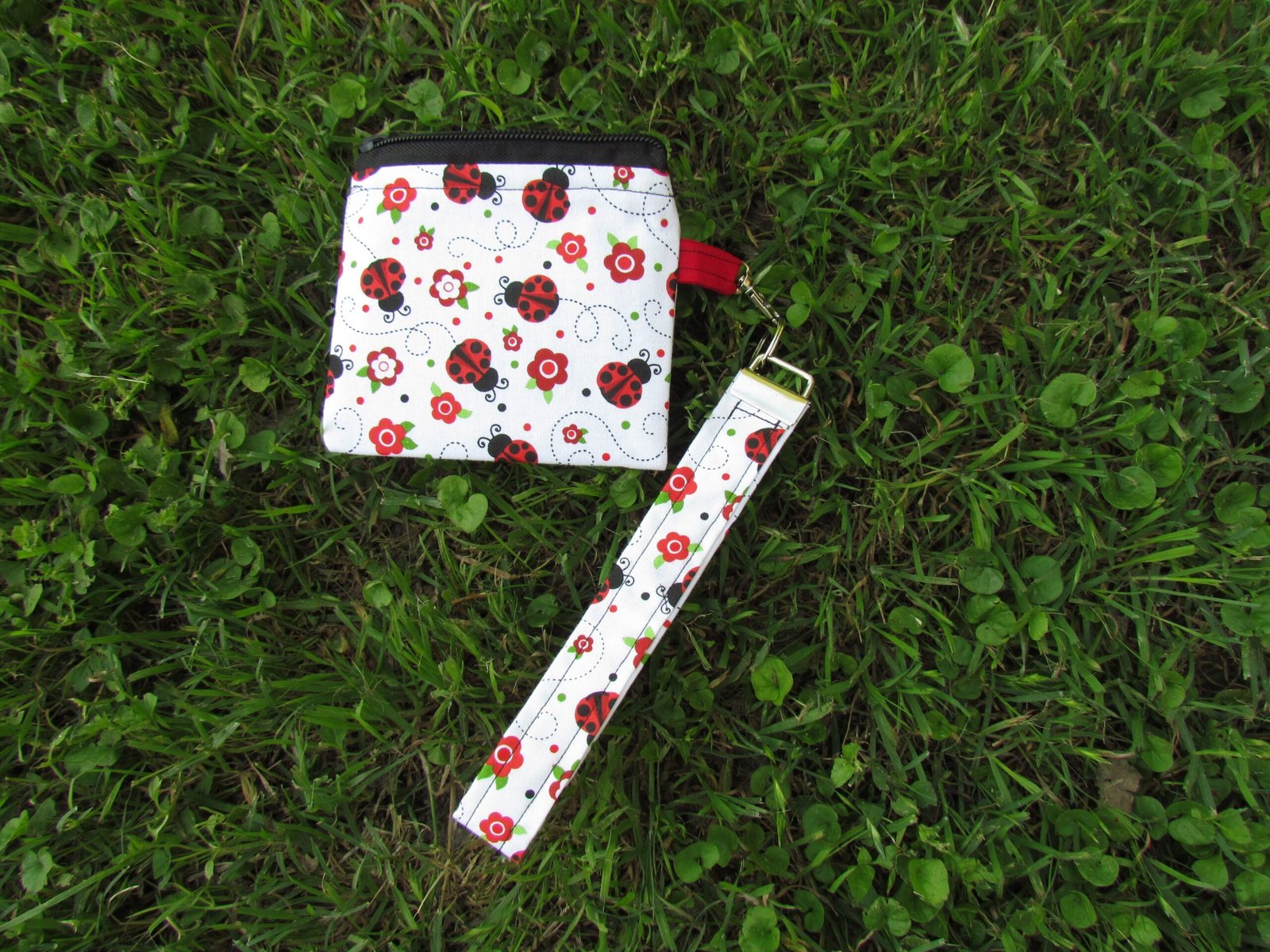 Handmade Ladybug Print Wristlet – Small Zip Wrist Purse